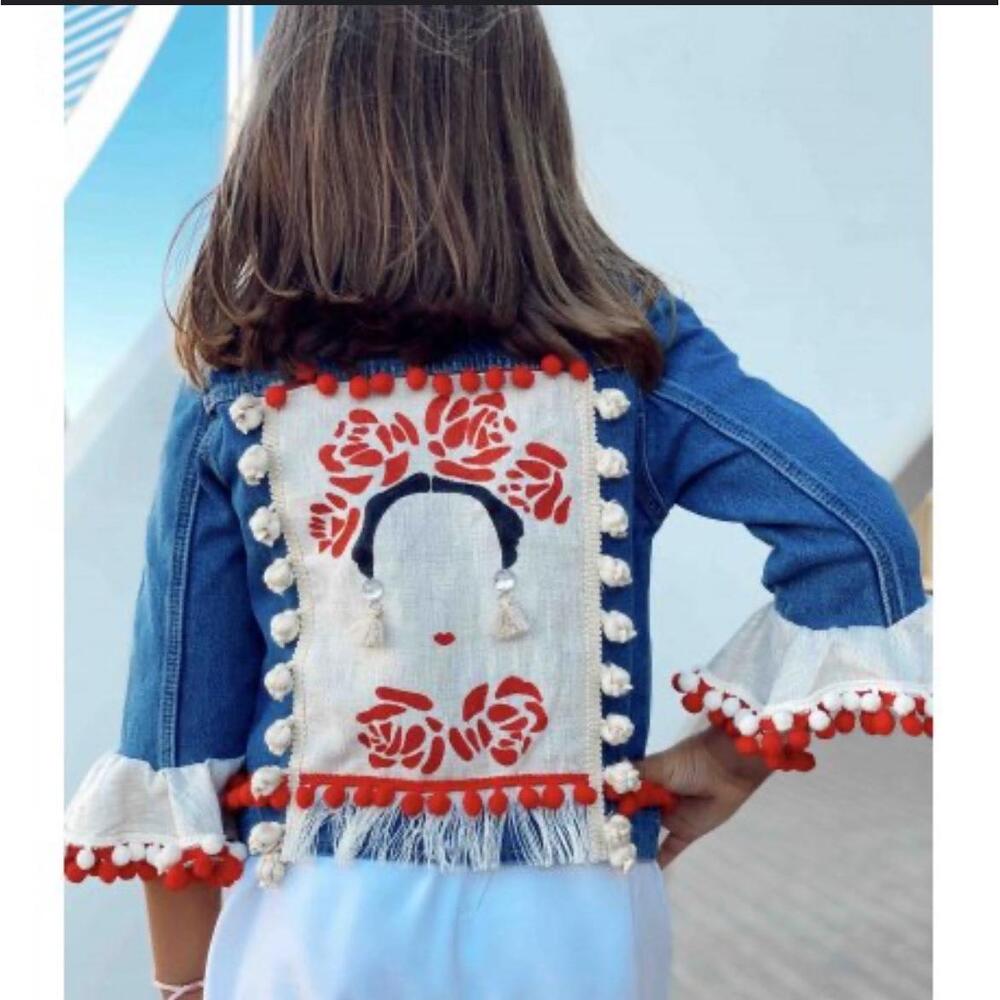 Lola Guarch Denim Jean Jacket Size M Mexican Applique Frida Kahlo Bohemian Artsy - Picture 3 of 7